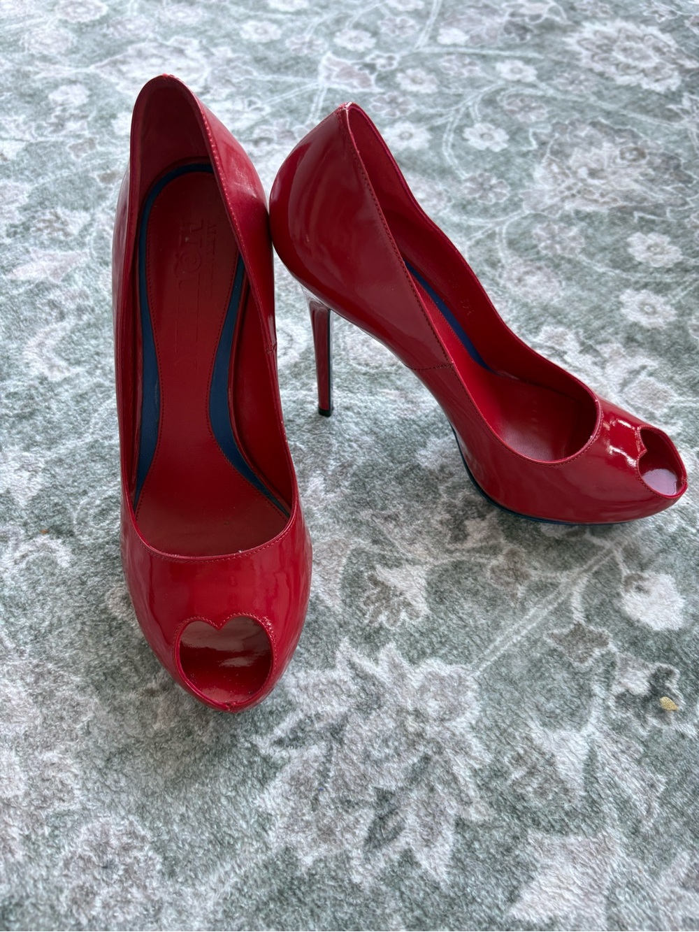 Alexander McQueen red patent leather heart peep toe pumps